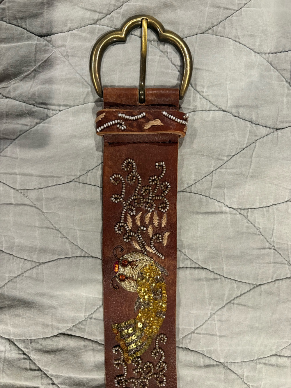 Betsey Johnson Catfish sequin/embroidered brown leather belt